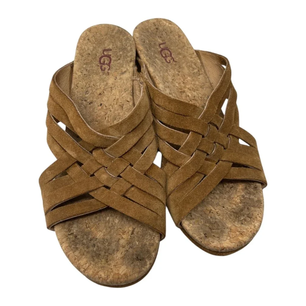 UGG Sandal Womens Size 7 Lilah Chestnut Brown Suede Cork Wedge Slide